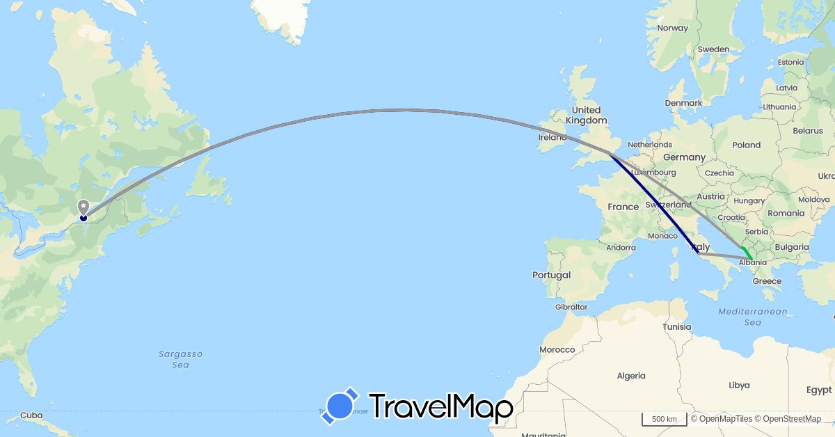TravelMap itinerary: driving, bus, plane in Albania, Canada, United Kingdom, Croatia, Italy, Montenegro (Europe, North America)